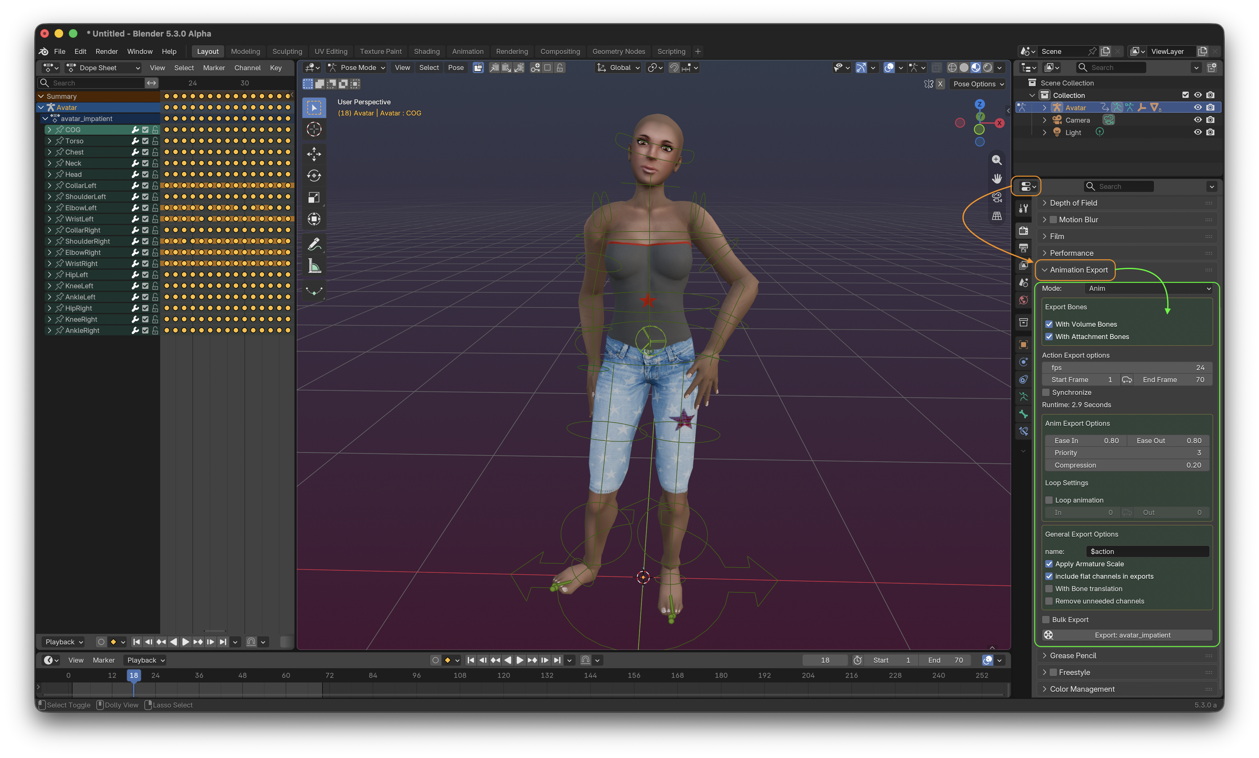 Avastar animation action in the Dope Sheet with BVH Bulk Export settings in Render Properties