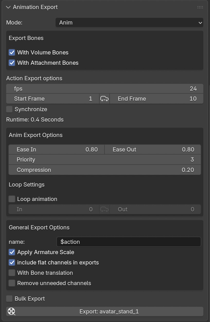 Anim export settings for bones, timing, priority, compression, and looping