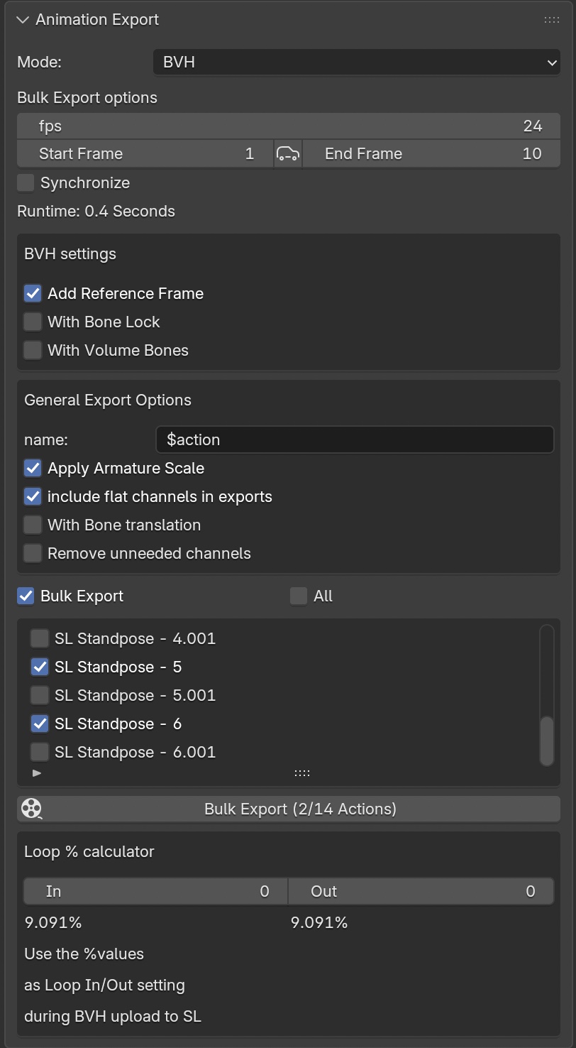 BVH settings and Loop percentage calculator with Bulk Export expanded